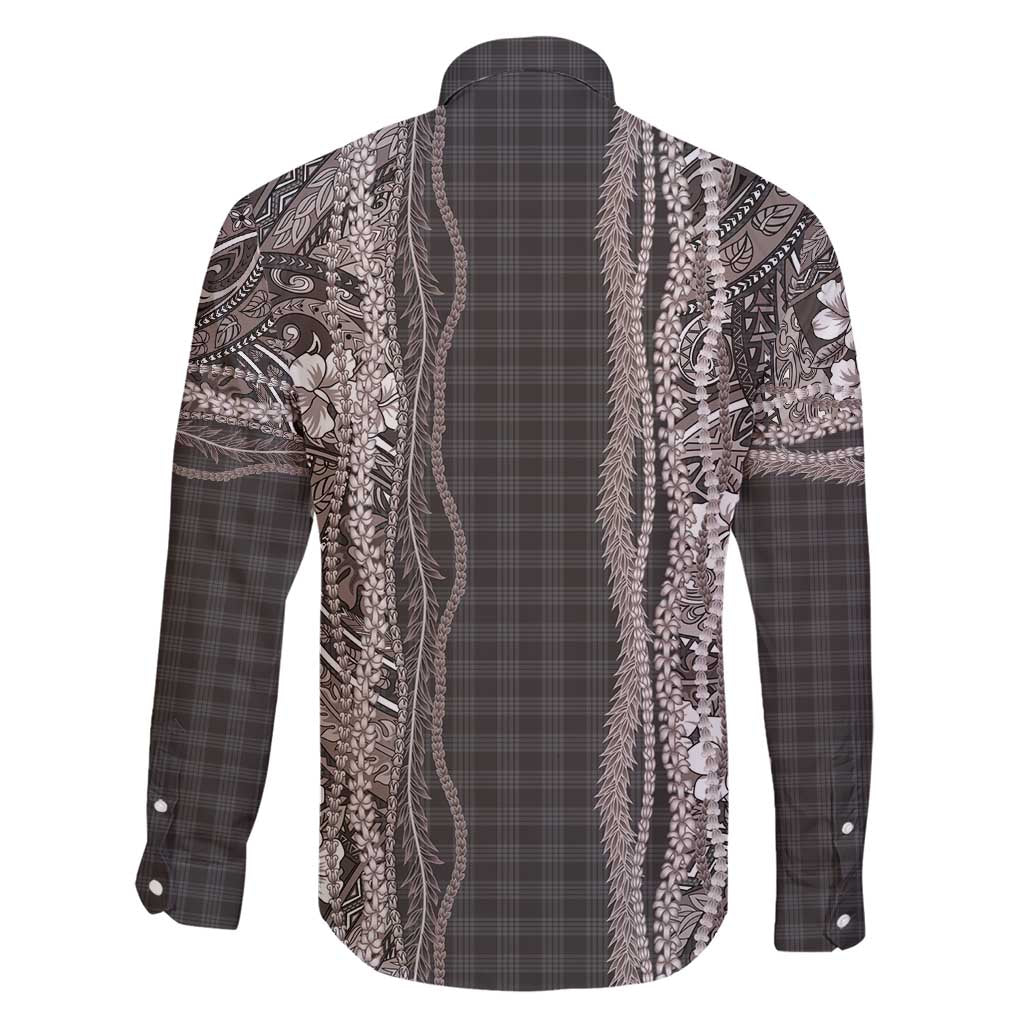 Hawaiian Art Flower Tribal with Lei Family Matching Short Sleeve Bodycon Dress and Hawaiian Shirt Palaka Pattern Grayscale - Polynesian Pride