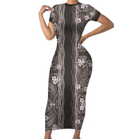 Hawaiian Art Flower Tribal with Lei Family Matching Short Sleeve Bodycon Dress and Hawaiian Shirt Palaka Pattern Grayscale - Polynesian Pride