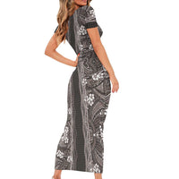 Hawaiian Art Flower Tribal with Lei Family Matching Short Sleeve Bodycon Dress and Hawaiian Shirt Palaka Pattern Grayscale - Polynesian Pride
