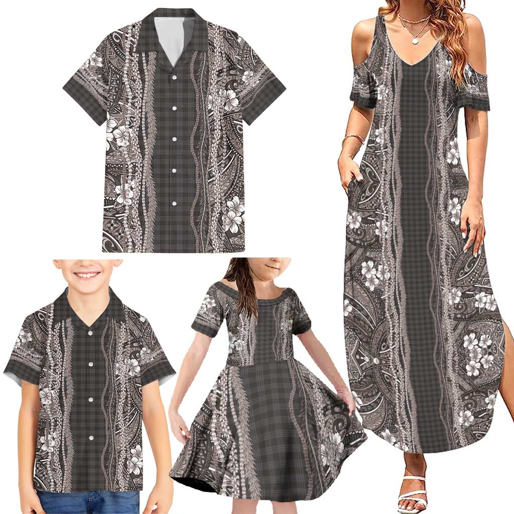Hawaiian Art Flower Tribal with Lei Family Matching Summer Maxi Dress and Hawaiian Shirt Palaka Pattern Grayscale - Polynesian Pride