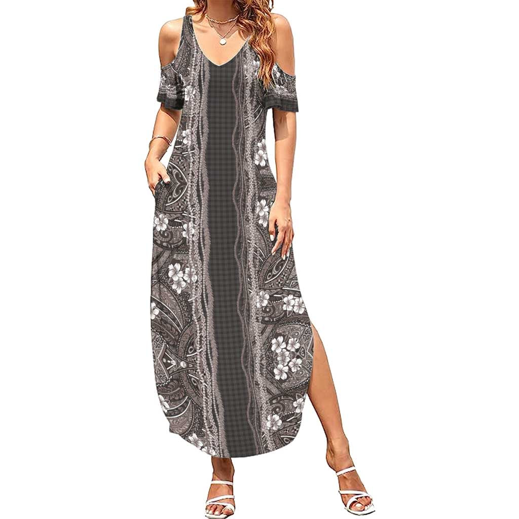 Hawaiian Art Flower Tribal with Lei Family Matching Summer Maxi Dress and Hawaiian Shirt Palaka Pattern Grayscale - Polynesian Pride