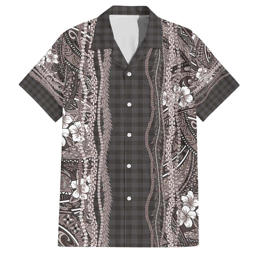 Hawaiian Art Flower Tribal with Lei Family Matching Tank Maxi Dress and Hawaiian Shirt Palaka Pattern Grayscale - Polynesian Pride