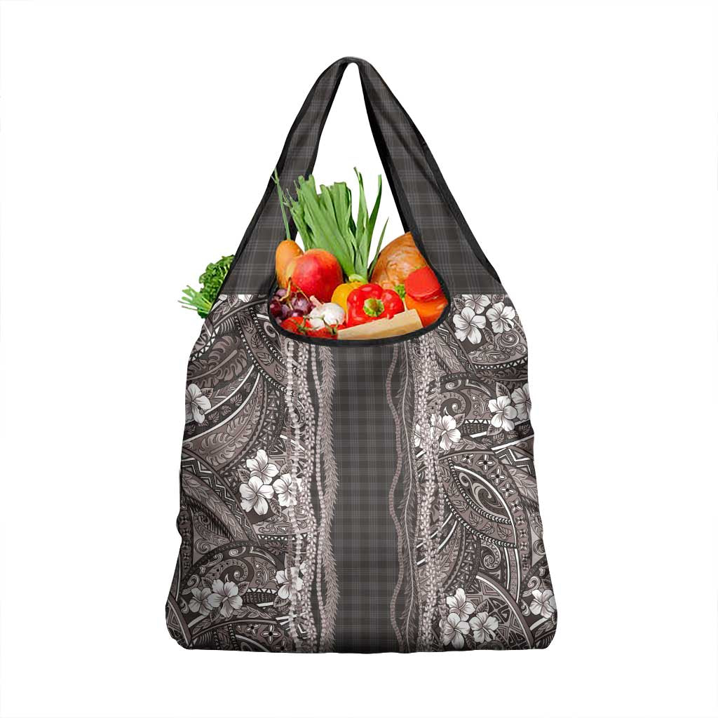 Hawaiian Art Flower Tribal with Lei Grocery Bag Palaka Pattern Grayscale LT03 1-pack One Size Gray - Polynesian Pride