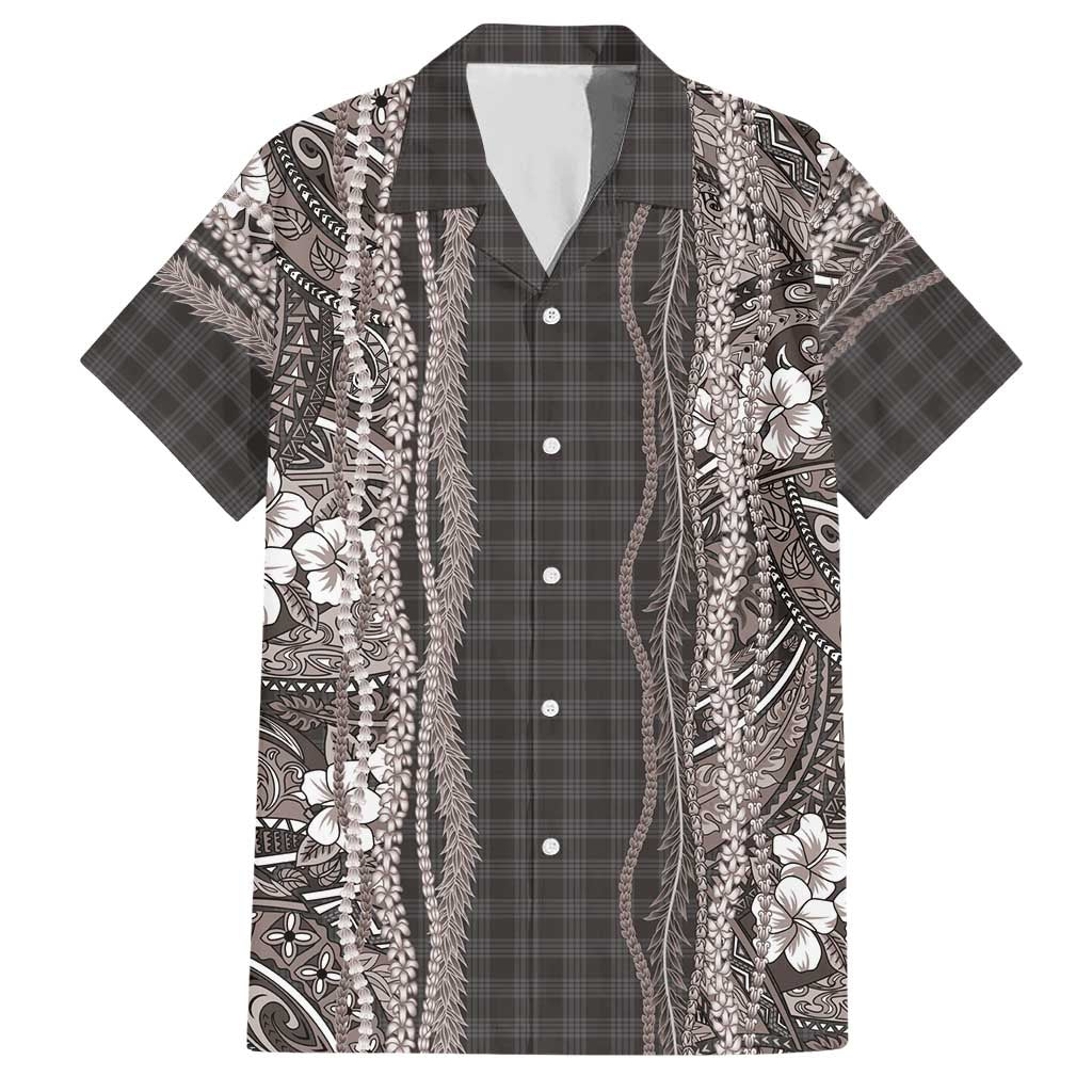 Hawaiian Art Flower Tribal with Lei Hawaiian Shirt Palaka Pattern Grayscale LT03 Gray - Polynesian Pride