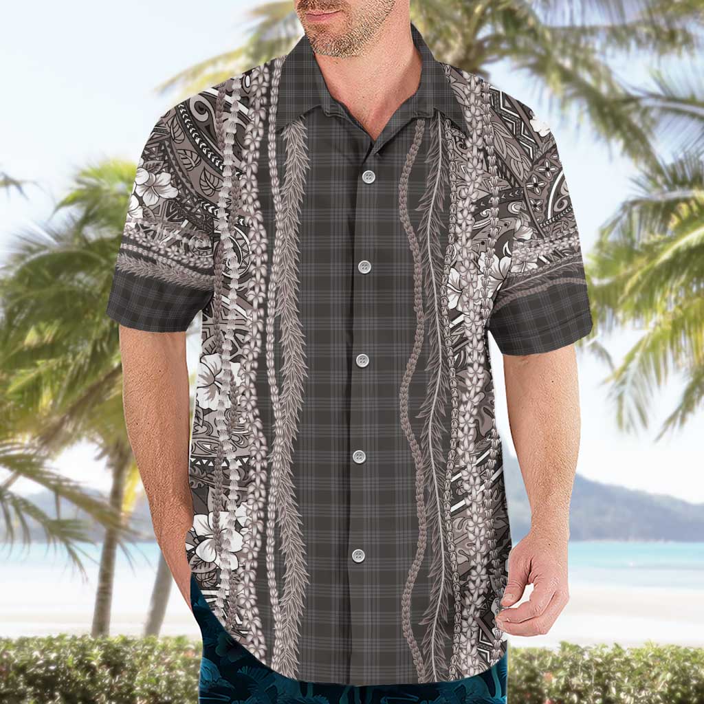 Hawaiian Art Flower Tribal with Lei Hawaiian Shirt Palaka Pattern Grayscale - Polynesian Pride