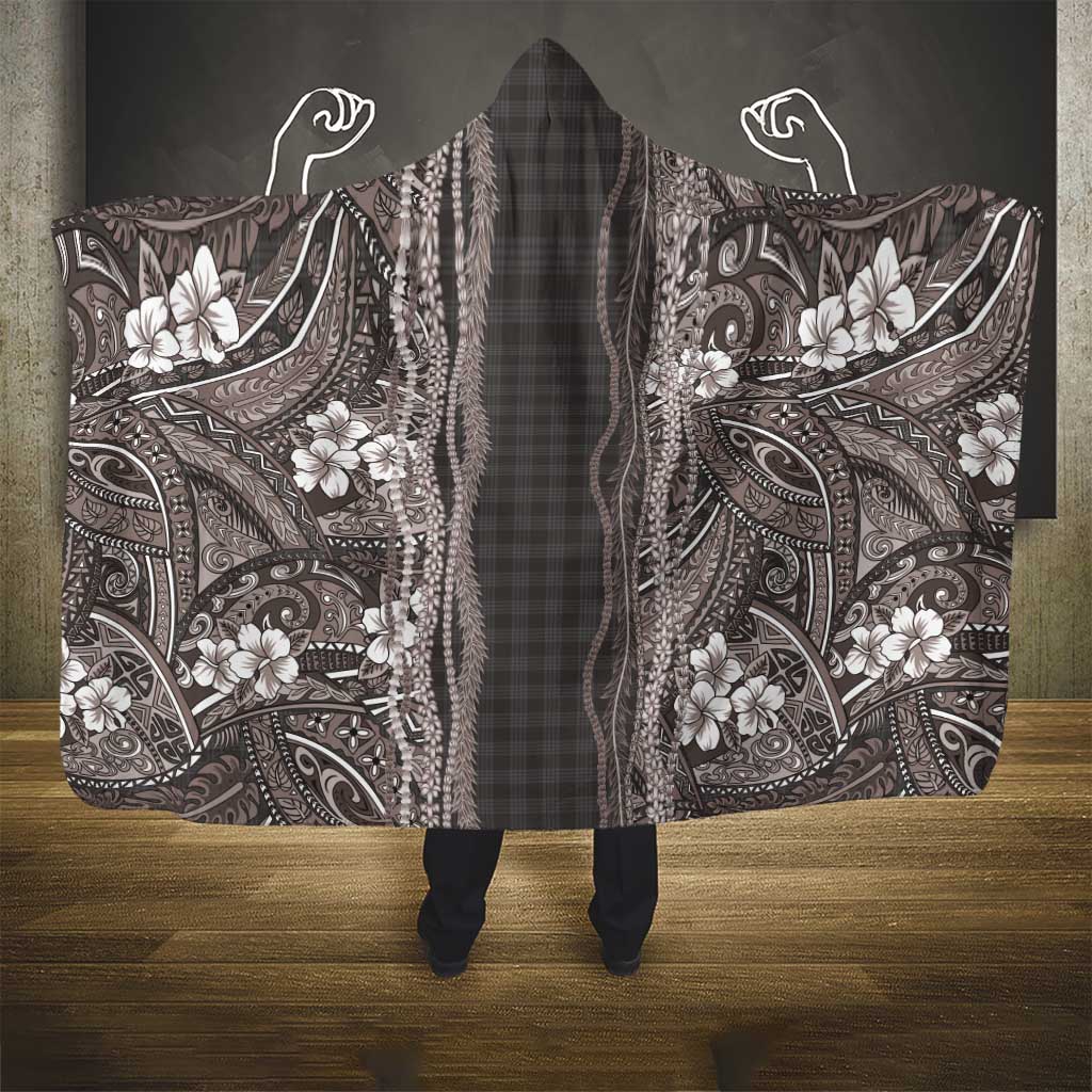 Hawaiian Art Flower Tribal with Lei Hooded Blanket Palaka Pattern Grayscale - Polynesian Pride