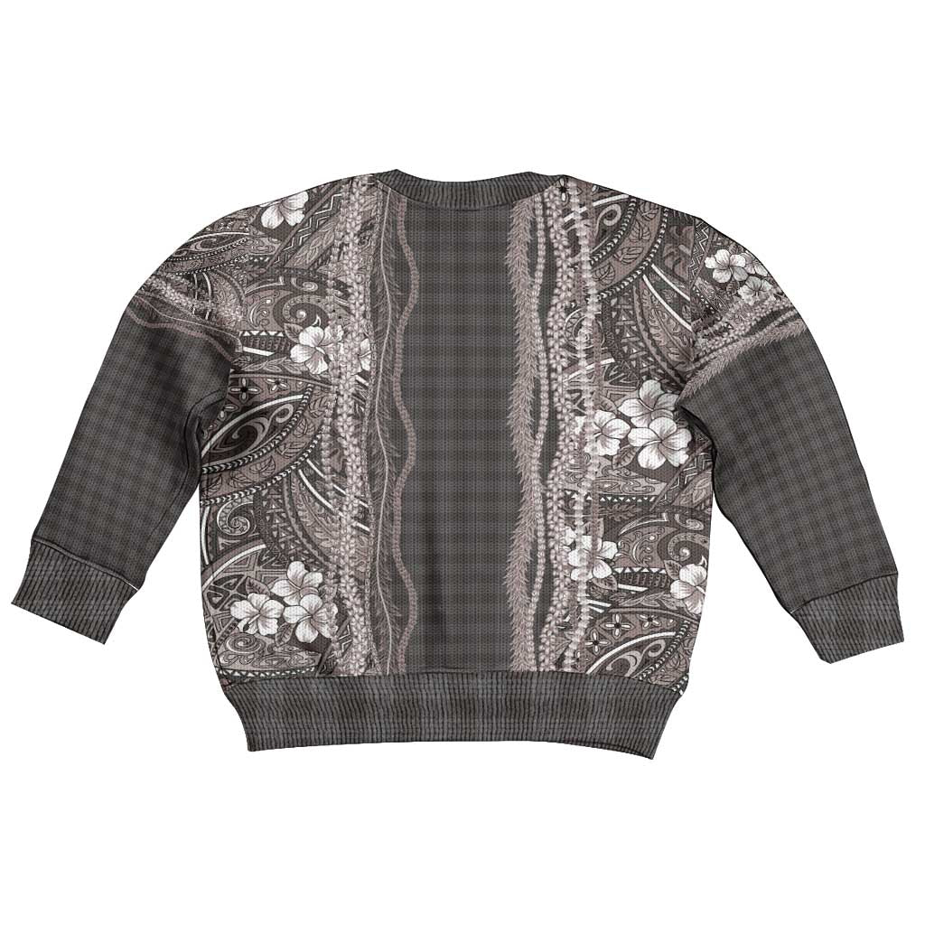 Hawaiian Art Flower Tribal with Lei Kid Ugly Christmas Sweater Palaka Pattern Grayscale - Polynesian Pride