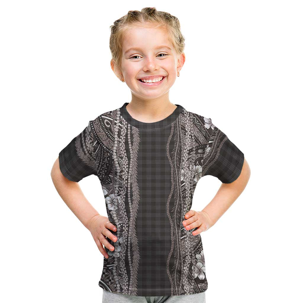 Hawaiian Art Flower Tribal with Lei Kid T Shirt Palaka Pattern Grayscale LT03 Gray - Polynesian Pride