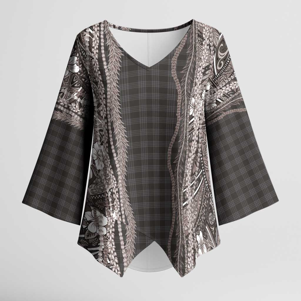 Hawaiian Art Flower Tribal with Lei Kimono Sleeve Blouse Palaka Pattern Grayscale - Polynesian Pride
