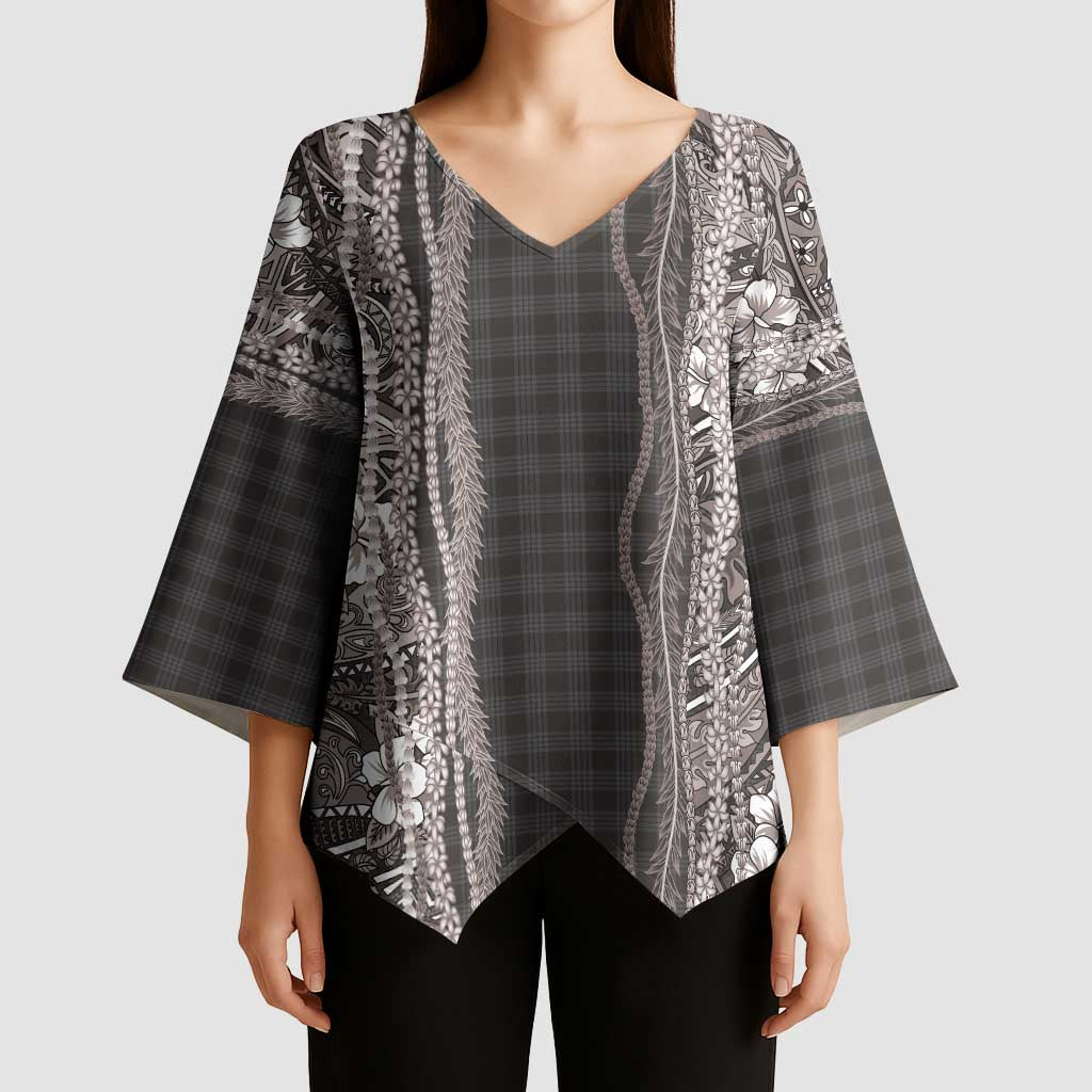 Hawaiian Art Flower Tribal with Lei Kimono Sleeve Blouse Palaka Pattern Grayscale - Polynesian Pride