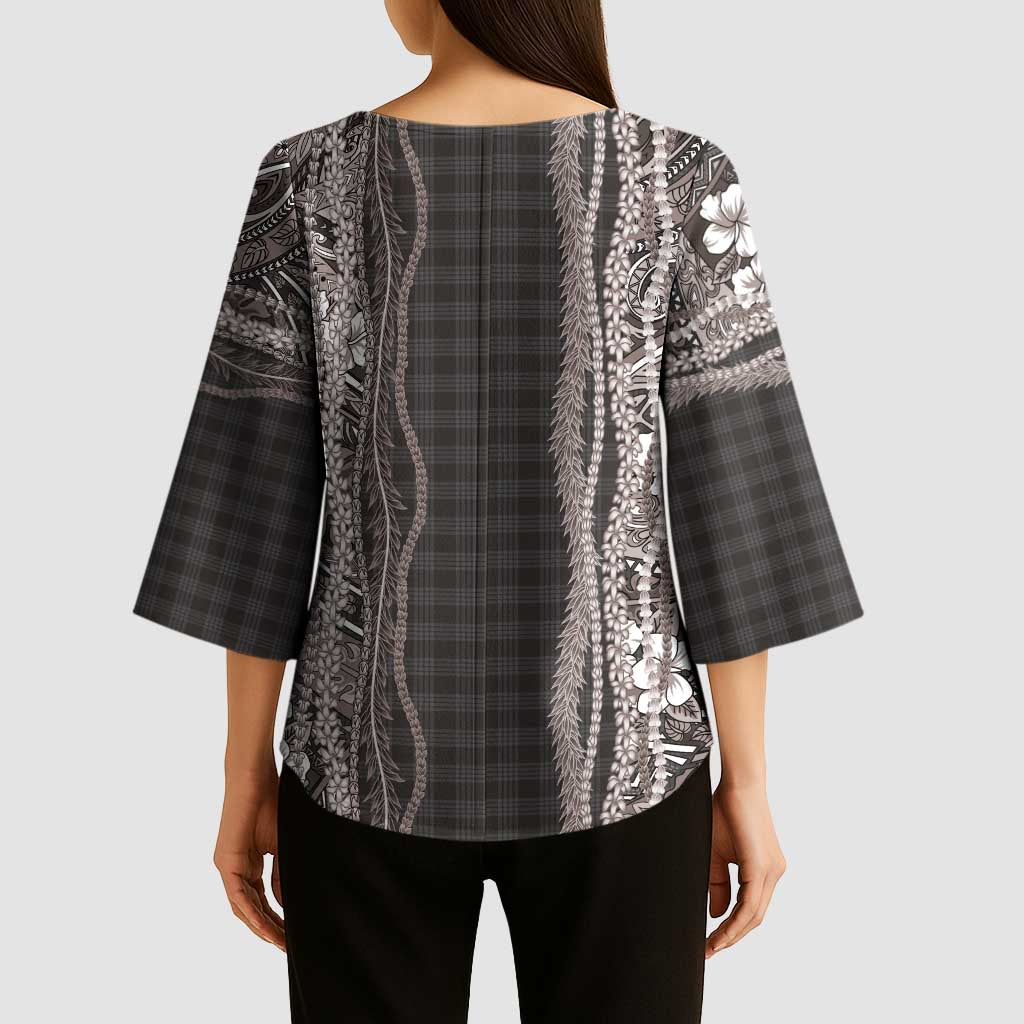 Hawaiian Art Flower Tribal with Lei Kimono Sleeve Blouse Palaka Pattern Grayscale - Polynesian Pride