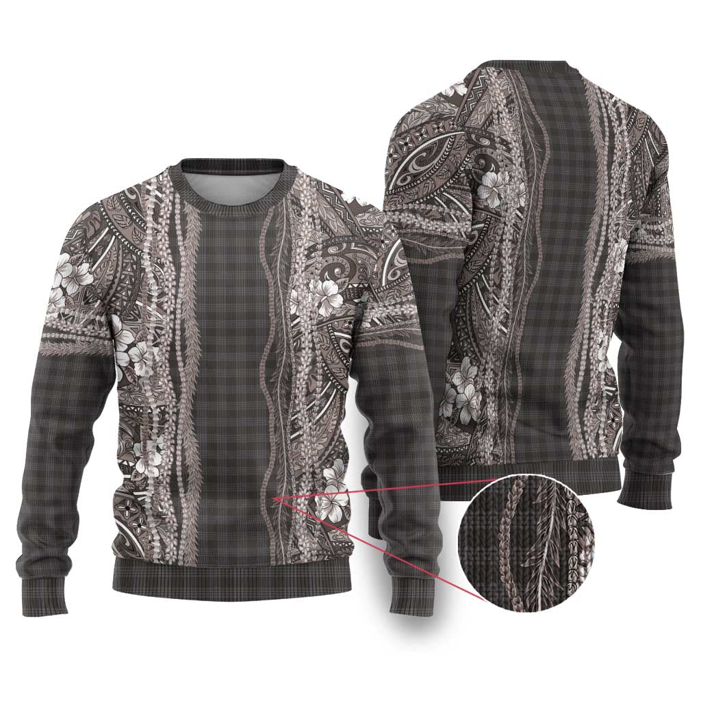 Hawaiian Art Flower Tribal with Lei Ugly Christmas Sweater Palaka Pattern Grayscale - Polynesian Pride