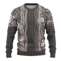 Hawaiian Art Flower Tribal with Lei Ugly Christmas Sweater Palaka Pattern Grayscale - Polynesian Pride