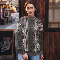 Hawaiian Art Flower Tribal with Lei Ugly Christmas Sweater Palaka Pattern Grayscale - Polynesian Pride