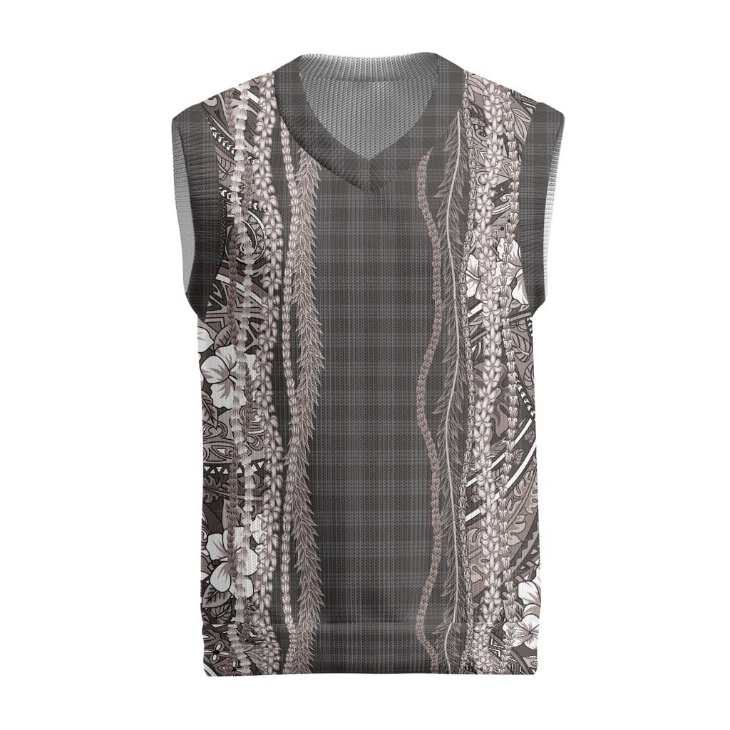 Hawaiian Art Flower Tribal with Lei Christmas Knitted V-Neck Vest Palaka Pattern Grayscale - Polynesian Pride