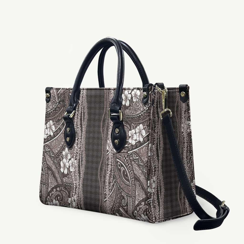 Hawaiian Art Flower Tribal with Lei Leather Bag Palaka Pattern Grayscale LT03 Gray - Polynesian Pride