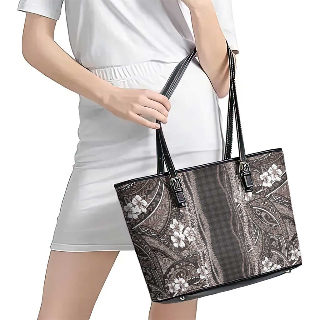 Hawaiian Art Flower Tribal with Lei Leather Tote Bag Palaka Pattern Grayscale - Polynesian Pride