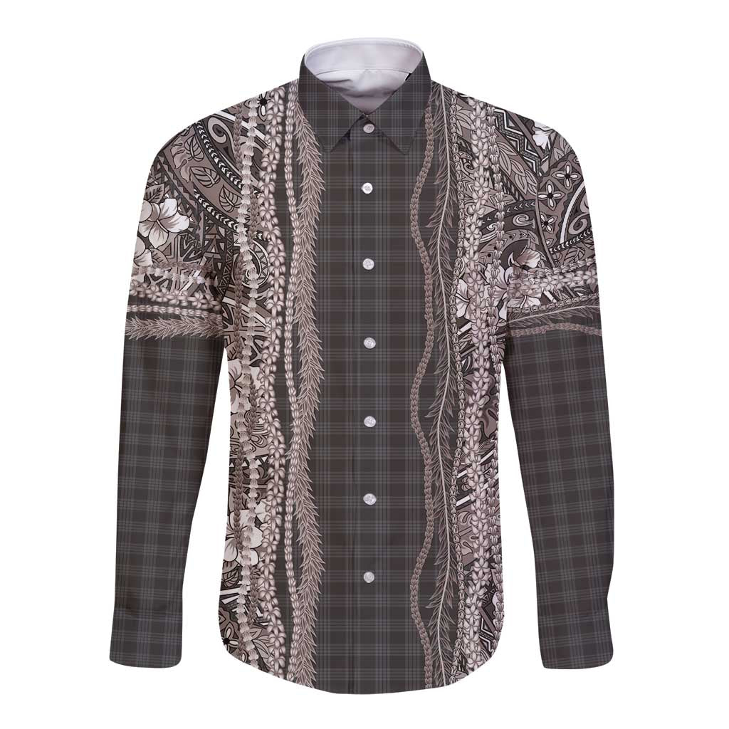 Hawaiian Art Flower Tribal with Lei Long Sleeve Button Shirt Palaka Pattern Grayscale - Polynesian Pride