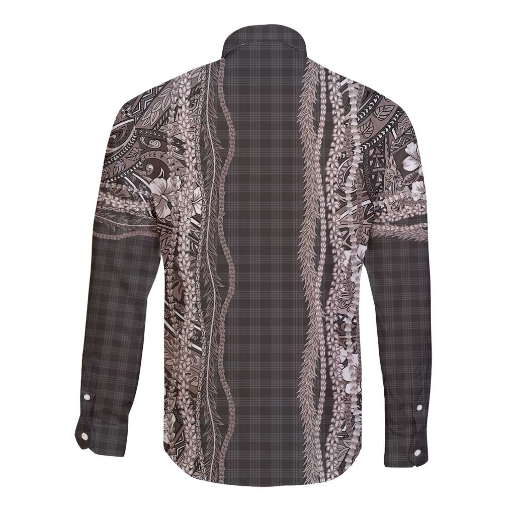 Hawaiian Art Flower Tribal with Lei Long Sleeve Button Shirt Palaka Pattern Grayscale - Polynesian Pride