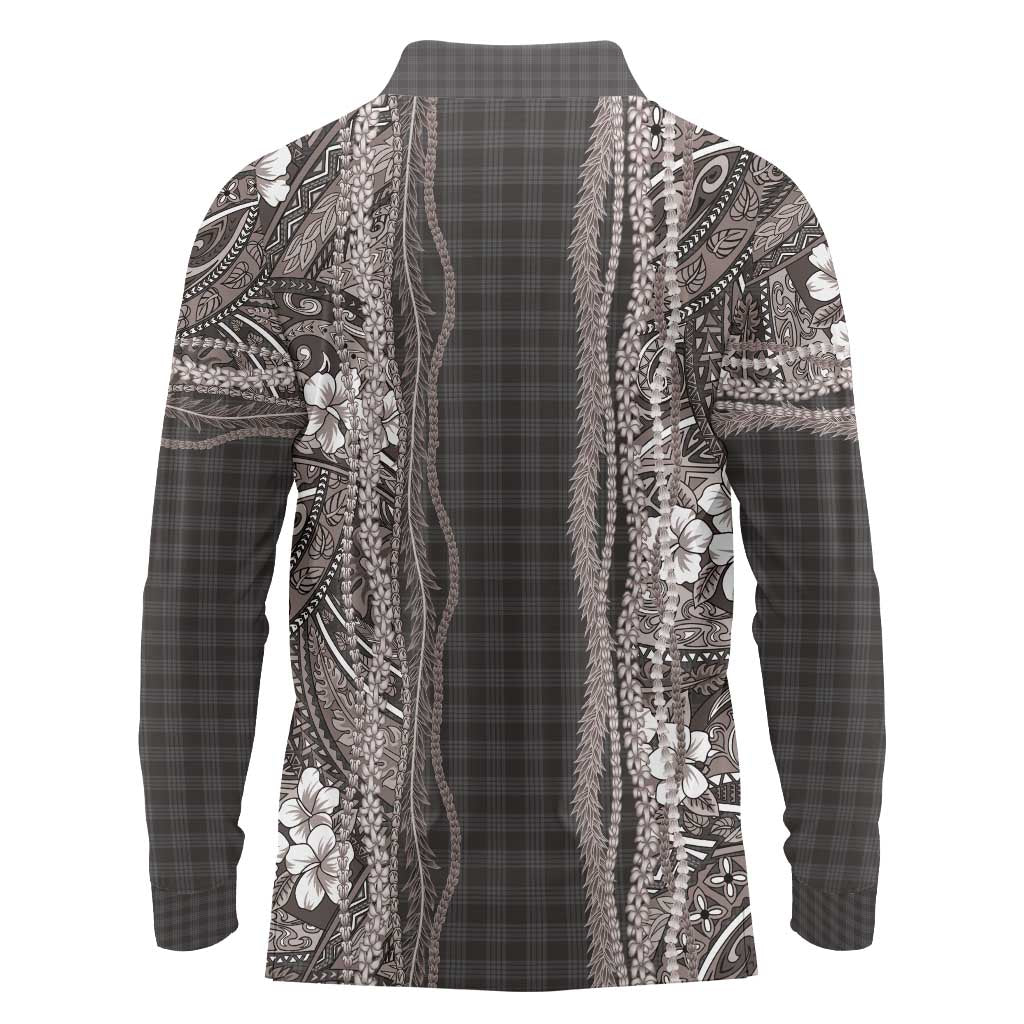 Hawaiian Art Flower Tribal with Lei Long Sleeve Polo Shirt Palaka Pattern Grayscale - Polynesian Pride