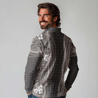 Hawaiian Art Flower Tribal with Lei Long Sleeve Polo Shirt Palaka Pattern Grayscale - Polynesian Pride