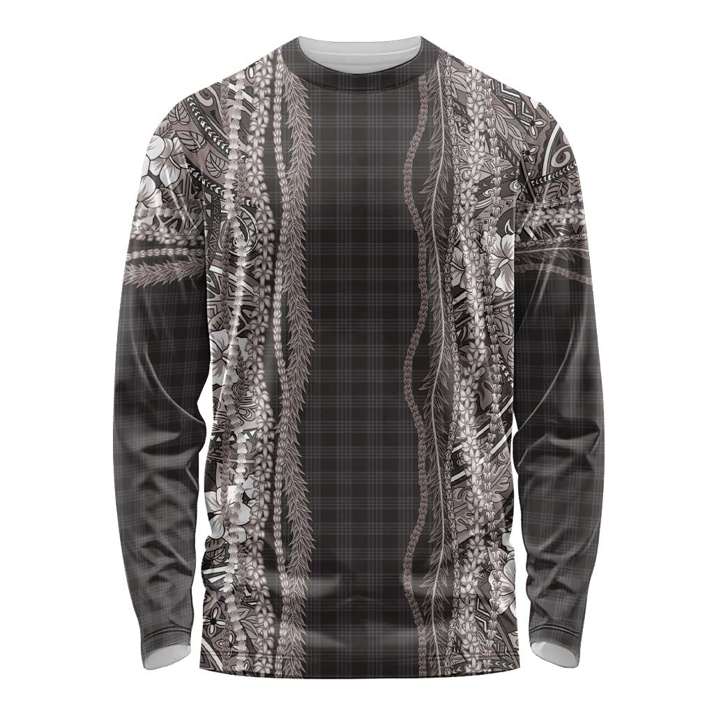 Hawaiian Art Flower Tribal with Lei Long Sleeve Shirt Palaka Pattern Grayscale - Polynesian Pride