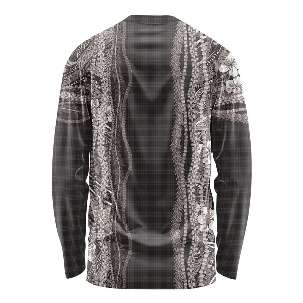 Hawaiian Art Flower Tribal with Lei Long Sleeve Shirt Palaka Pattern Grayscale - Polynesian Pride