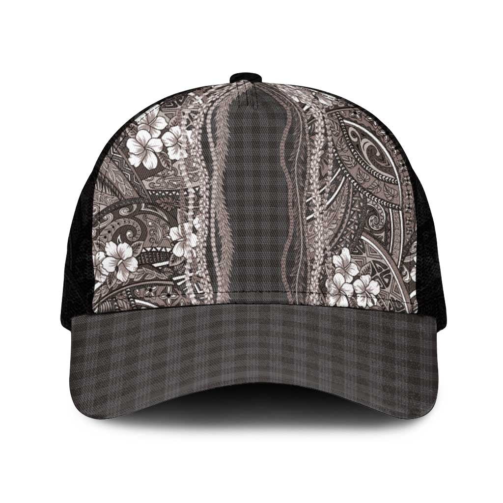 Hawaiian Art Flower Tribal with Lei Mesh Trucker Cap Palaka Pattern Grayscale - Polynesian Pride