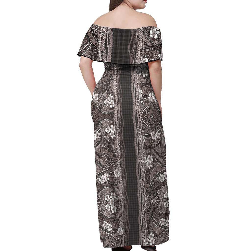 Hawaiian Art Flower Tribal with Lei Off Shoulder Maxi Dress Palaka Pattern Grayscale - Polynesian Pride