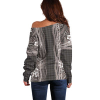 Hawaiian Art Flower Tribal with Lei Off Shoulder Sweater Palaka Pattern Grayscale LT03 - Polynesian Pride