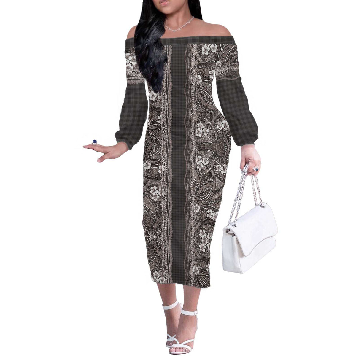 Hawaiian Art Flower Tribal with Lei Off The Shoulder Long Sleeve Dress Palaka Pattern Grayscale