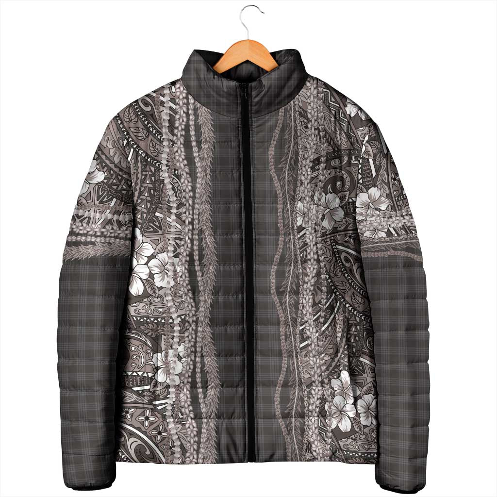 Hawaiian Art Flower Tribal with Lei Padded Jacket Palaka Pattern Grayscale - Polynesian Pride