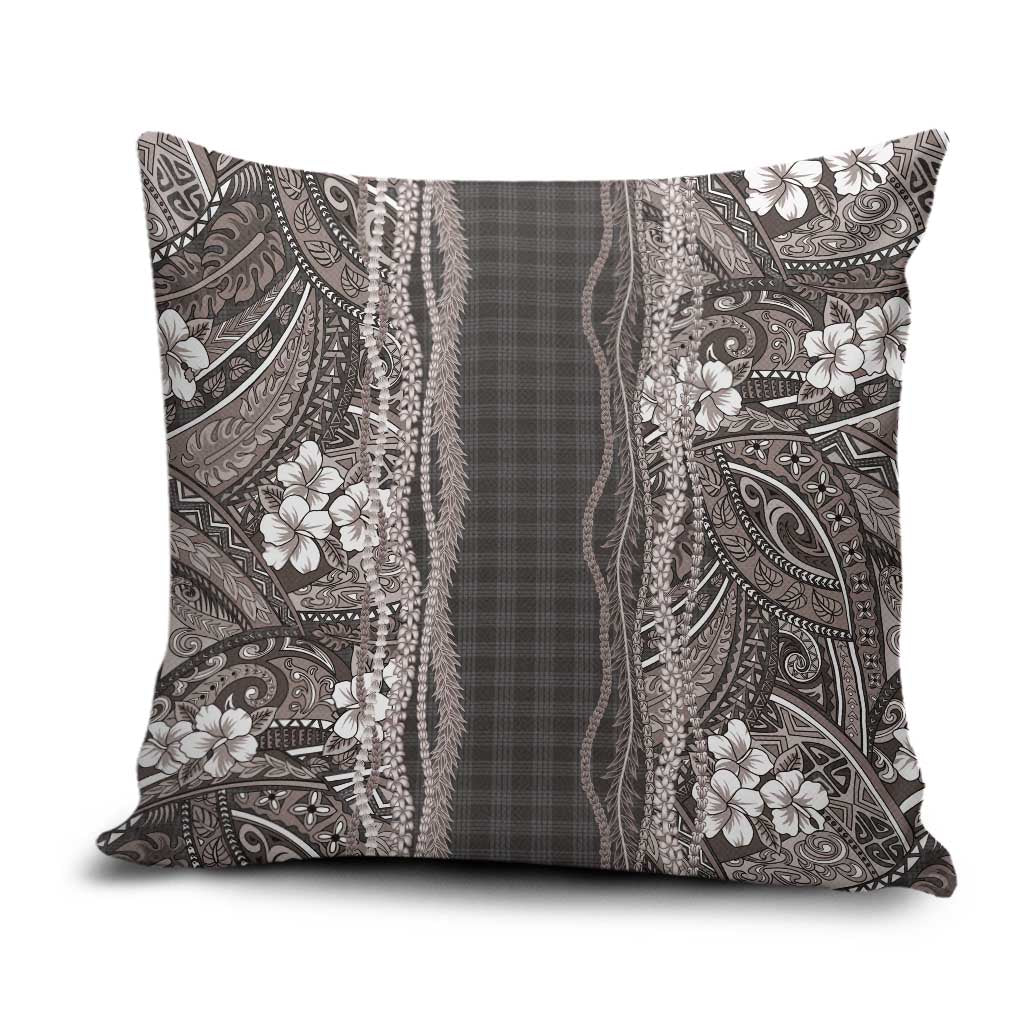 Hawaiian Art Flower Tribal with Lei Pillow Cover Palaka Pattern Grayscale LT03 Gray - Polynesian Pride