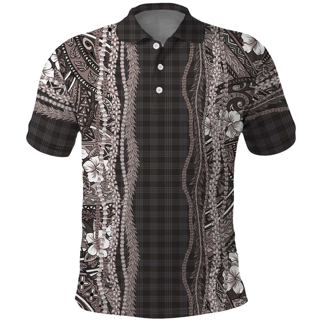 Hawaiian Art Flower Tribal with Lei Polo Shirt Palaka Pattern Grayscale - Polynesian Pride
