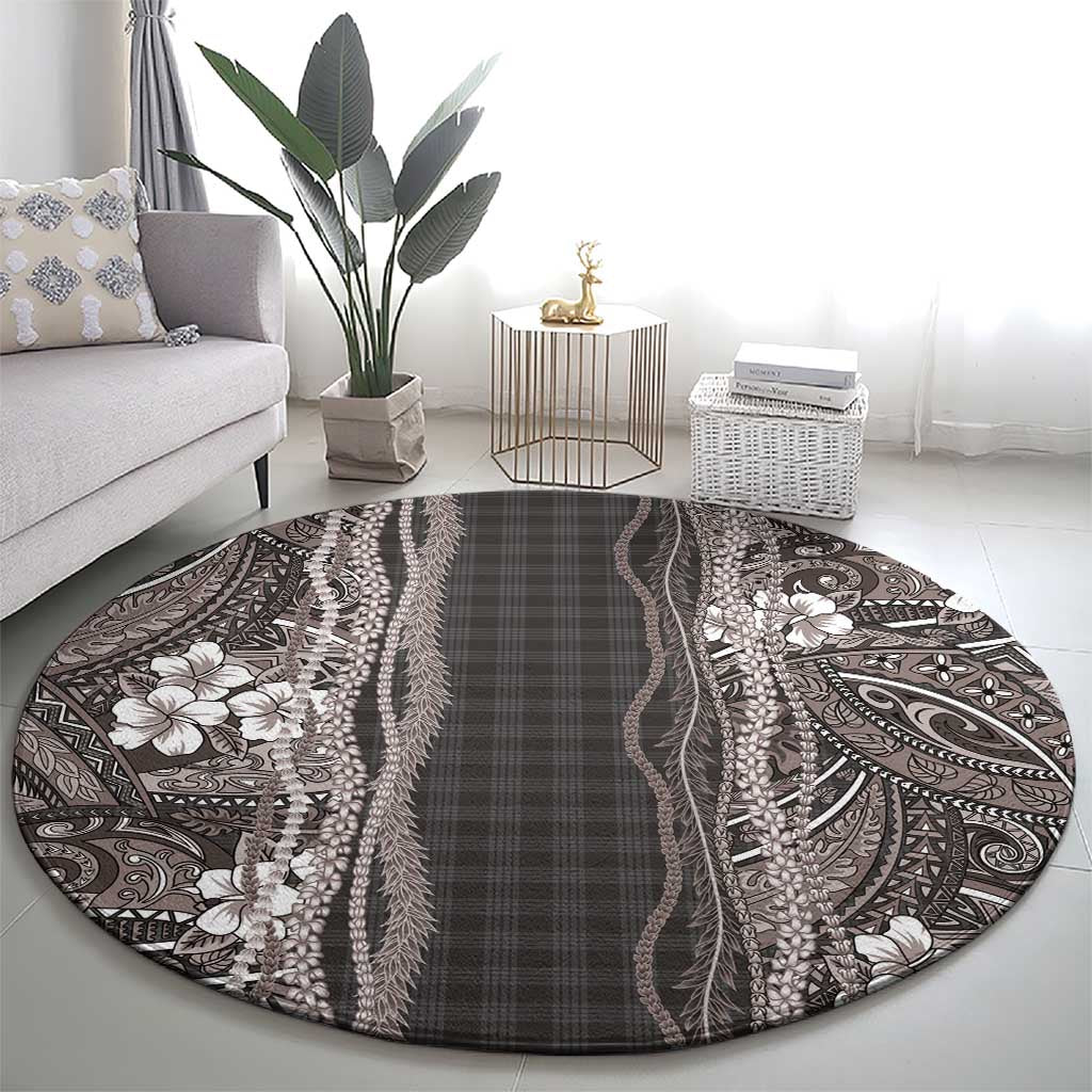 Hawaiian Art Flower Tribal with Lei Round Carpet Palaka Pattern Grayscale - Polynesian Pride