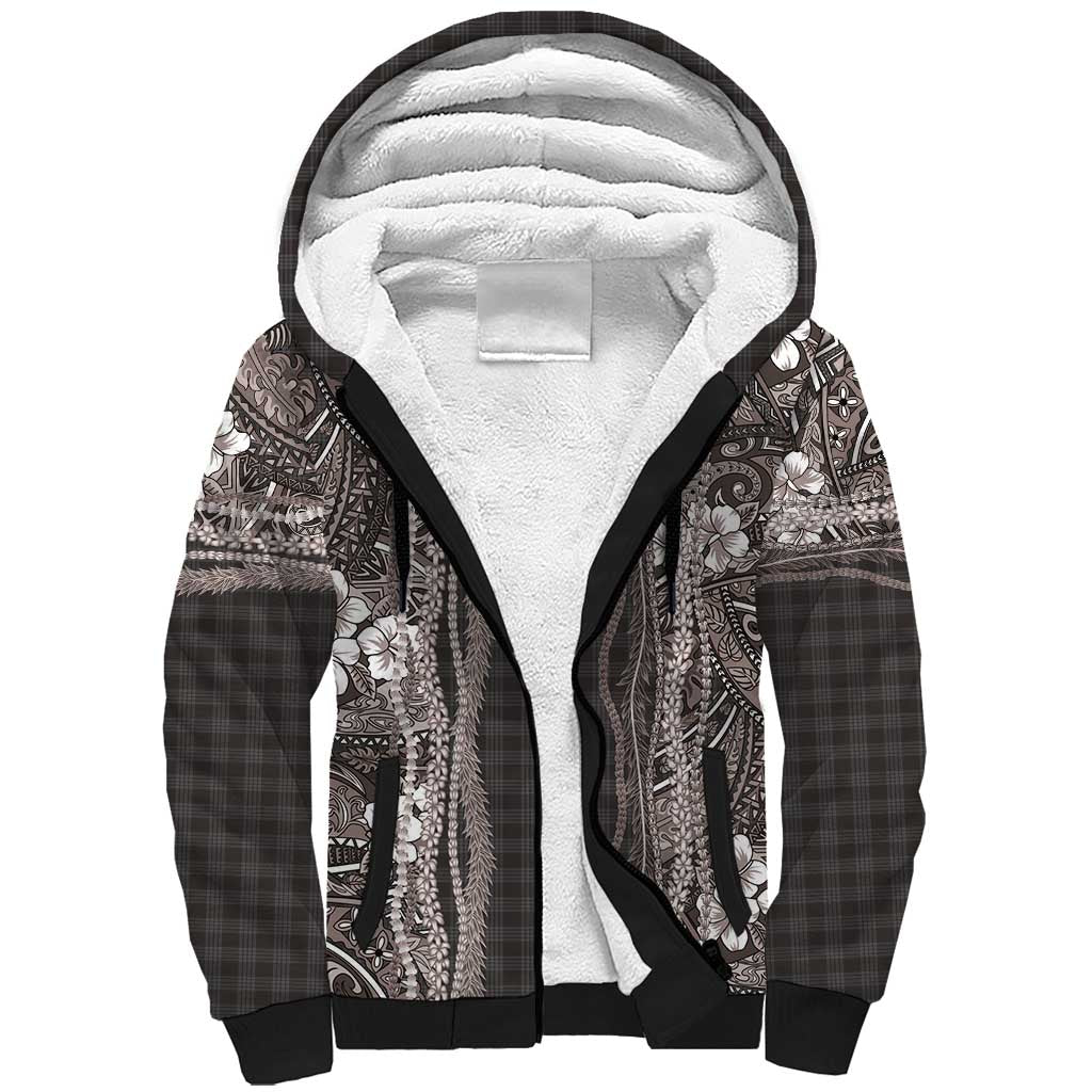 Hawaiian Art Flower Tribal with Lei Sherpa Hoodie Palaka Pattern Grayscale LT03 Unisex Gray - Polynesian Pride