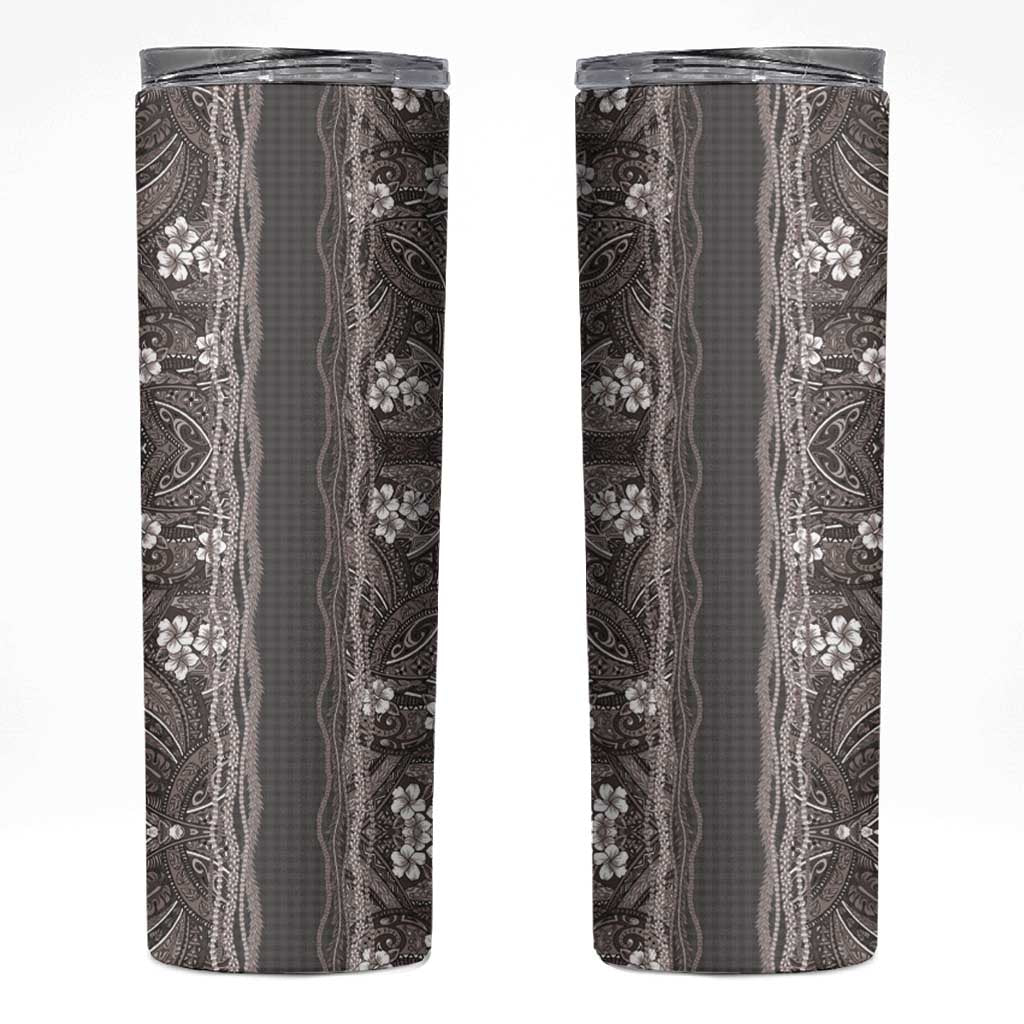 Hawaiian Art Flower Tribal with Lei Skinny Tumbler Palaka Pattern Grayscale - Polynesian Pride