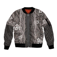 Hawaiian Art Flower Tribal with Lei Sleeve Zip Bomber Jacket Palaka Pattern Grayscale - Polynesian Pride