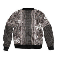 Hawaiian Art Flower Tribal with Lei Sleeve Zip Bomber Jacket Palaka Pattern Grayscale - Polynesian Pride
