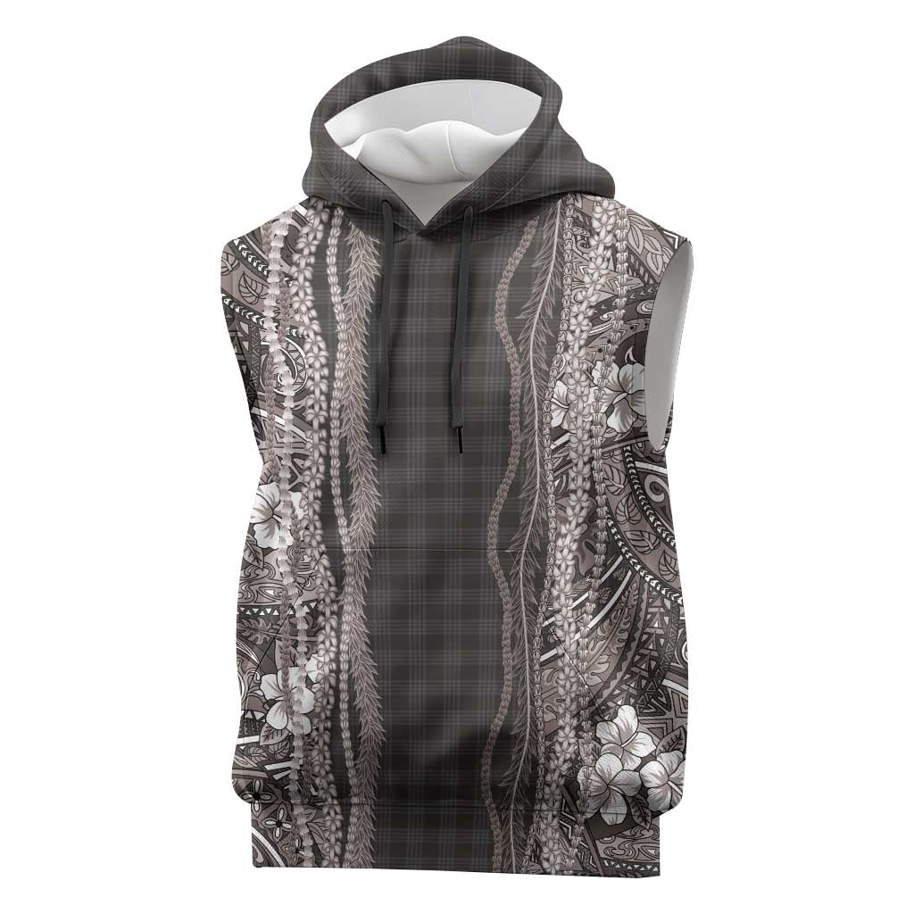 Hawaiian Art Flower Tribal with Lei Sleeveless Hoodie Palaka Pattern Grayscale LT03 Gray - Polynesian Pride