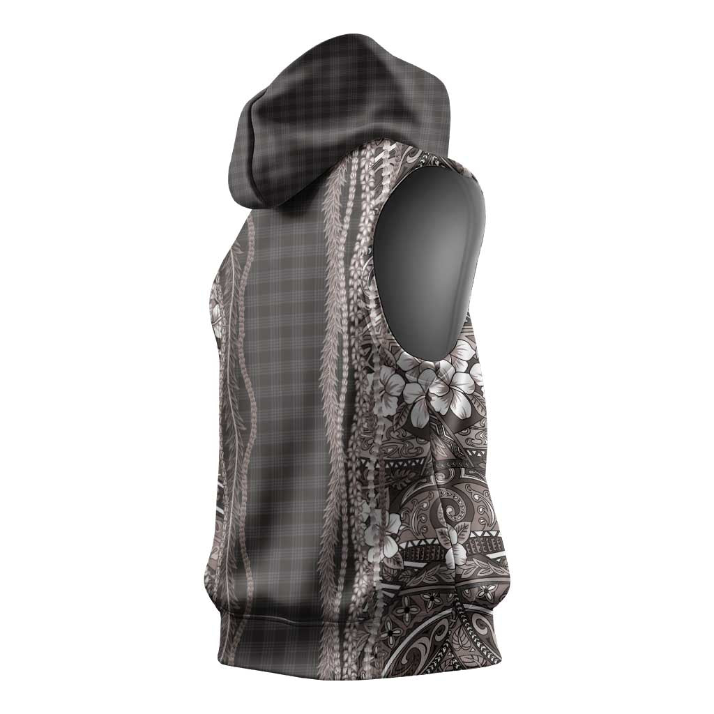 Hawaiian Art Flower Tribal with Lei Sleeveless Hoodie Palaka Pattern Grayscale - Polynesian Pride