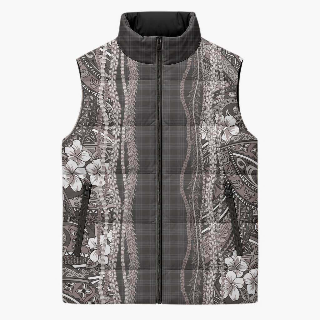 Hawaiian Art Flower Tribal with Lei Sleeveless Puffer Jacket Palaka Pattern Grayscale - Polynesian Pride