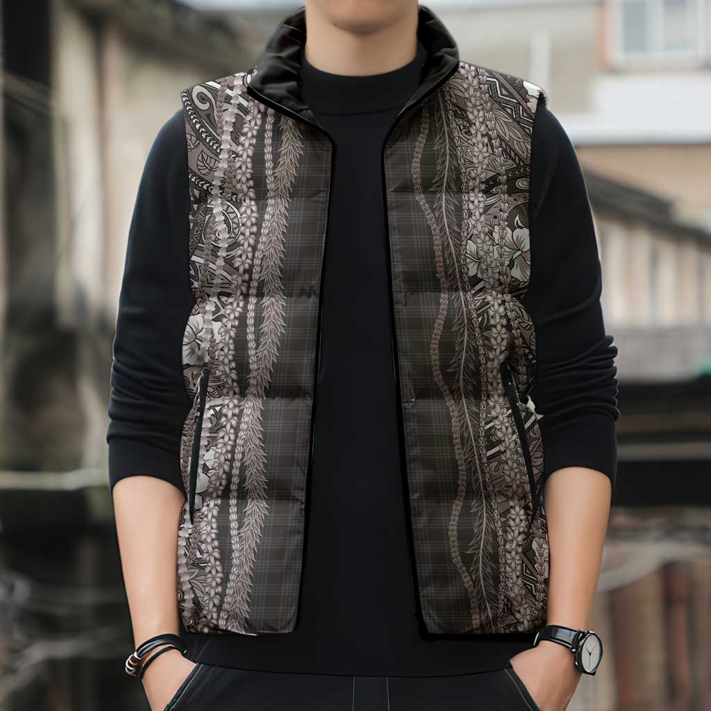 Hawaiian Art Flower Tribal with Lei Sleeveless Puffer Jacket Palaka Pattern Grayscale - Polynesian Pride