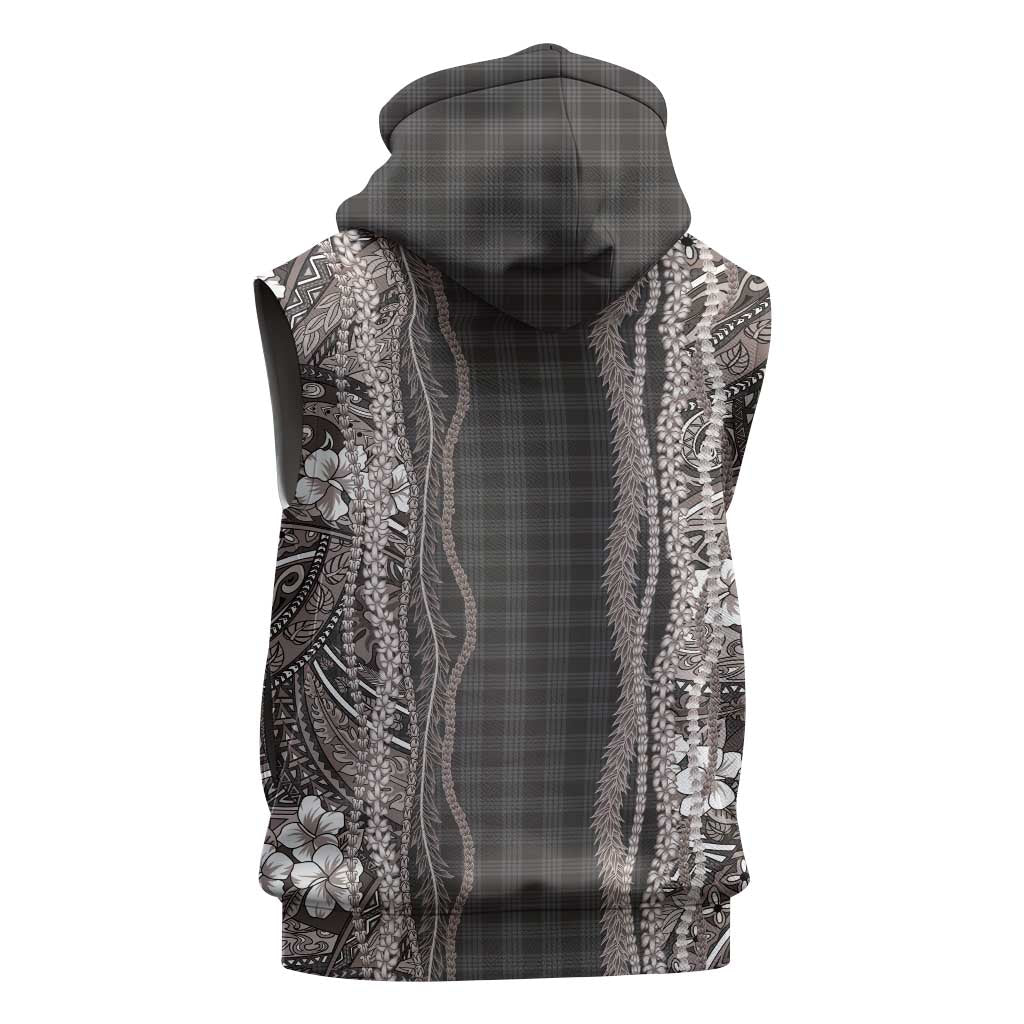 Hawaiian Art Flower Tribal with Lei Sleeveless Zip Hoodie Palaka Pattern Grayscale - Polynesian Pride