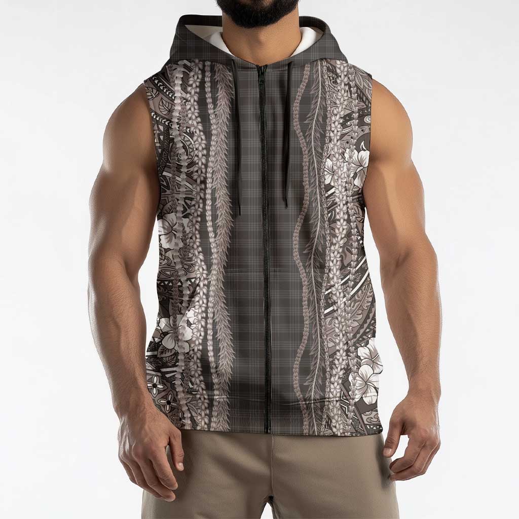 Hawaiian Art Flower Tribal with Lei Sleeveless Zip Hoodie Palaka Pattern Grayscale - Polynesian Pride