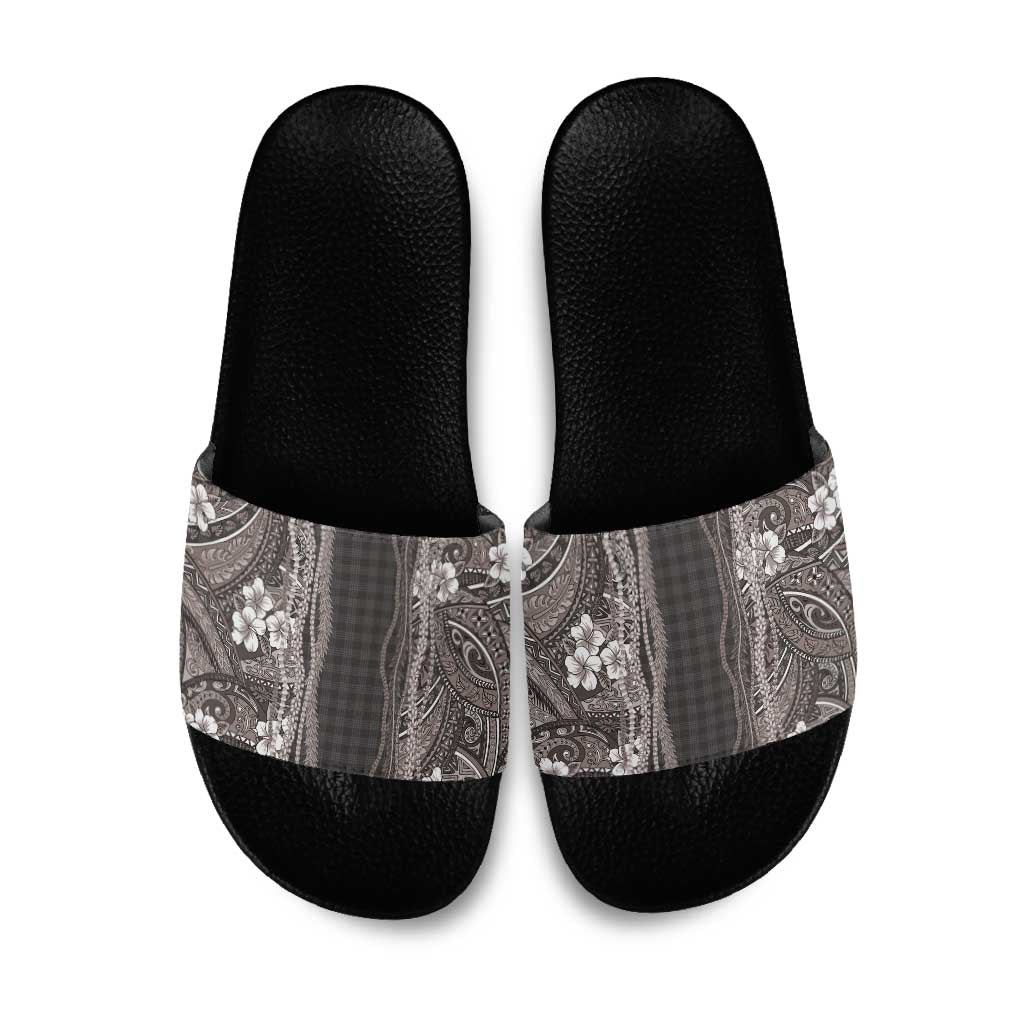 Hawaiian Art Flower Tribal with Lei Slide Sandals Palaka Pattern Grayscale LT03 Gray - Polynesian Pride