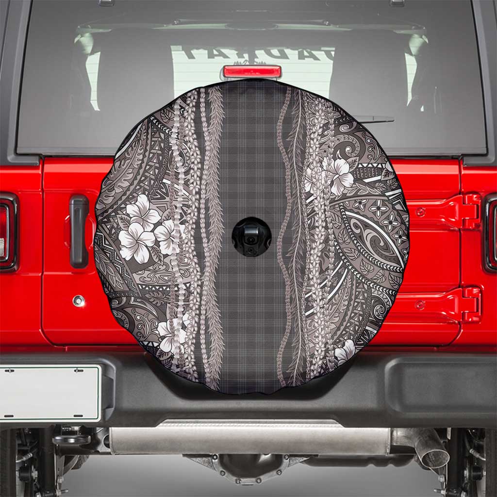 Hawaiian Art Flower Tribal with Lei Spare Tire Cover Palaka Pattern Grayscale - Polynesian Pride