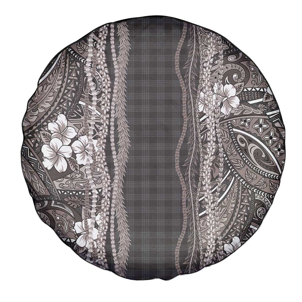 Hawaiian Art Flower Tribal with Lei Spare Tire Cover Palaka Pattern Grayscale - Polynesian Pride