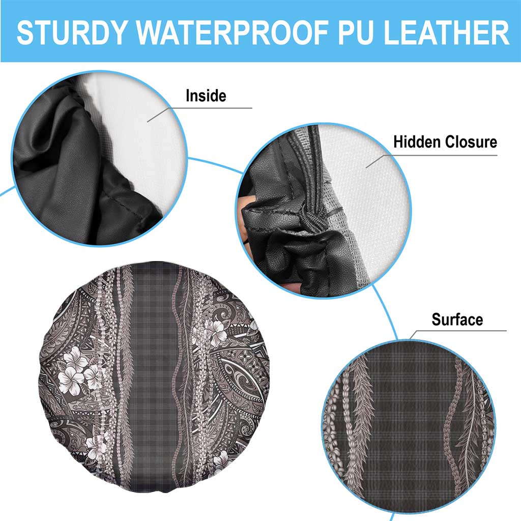 Hawaiian Art Flower Tribal with Lei Spare Tire Cover Palaka Pattern Grayscale - Polynesian Pride