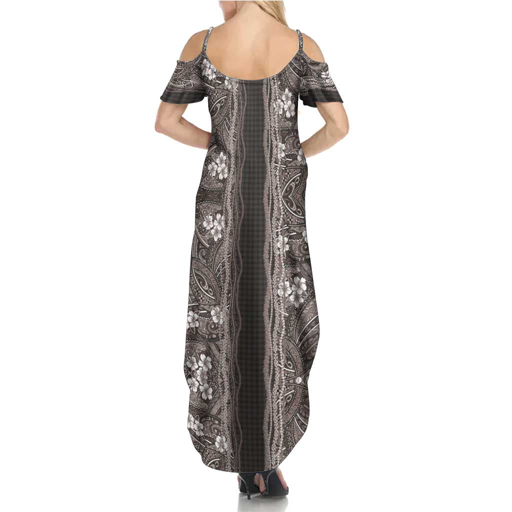 Hawaiian Art Flower Tribal with Lei Summer Maxi Dress Palaka Pattern Grayscale - Polynesian Pride